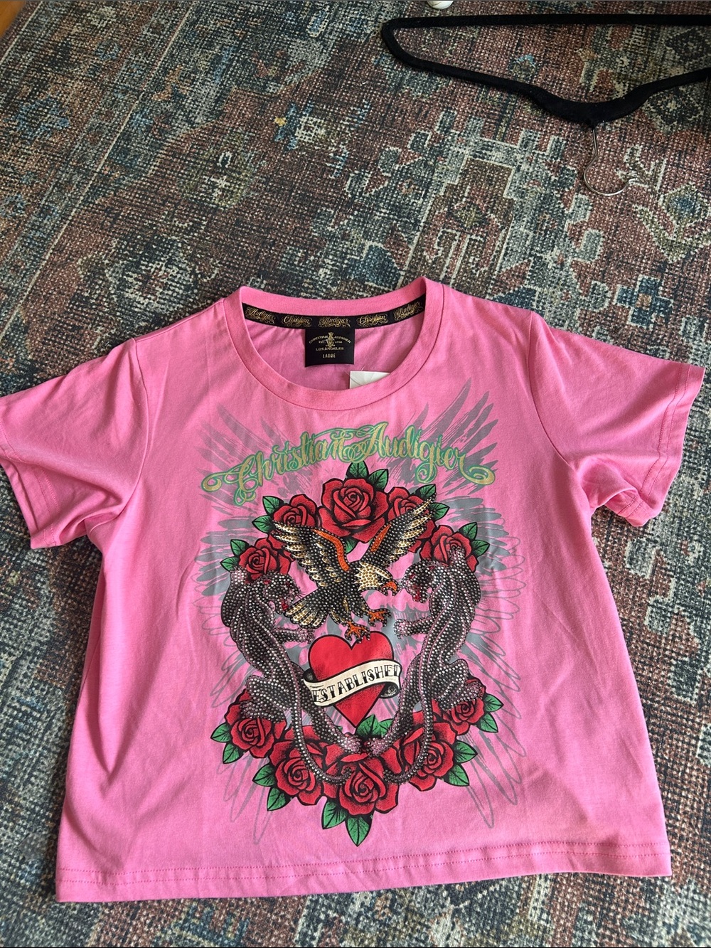 Christian Audigier Pink Short-Sleeve Graphic Tee with Roses & Eagle